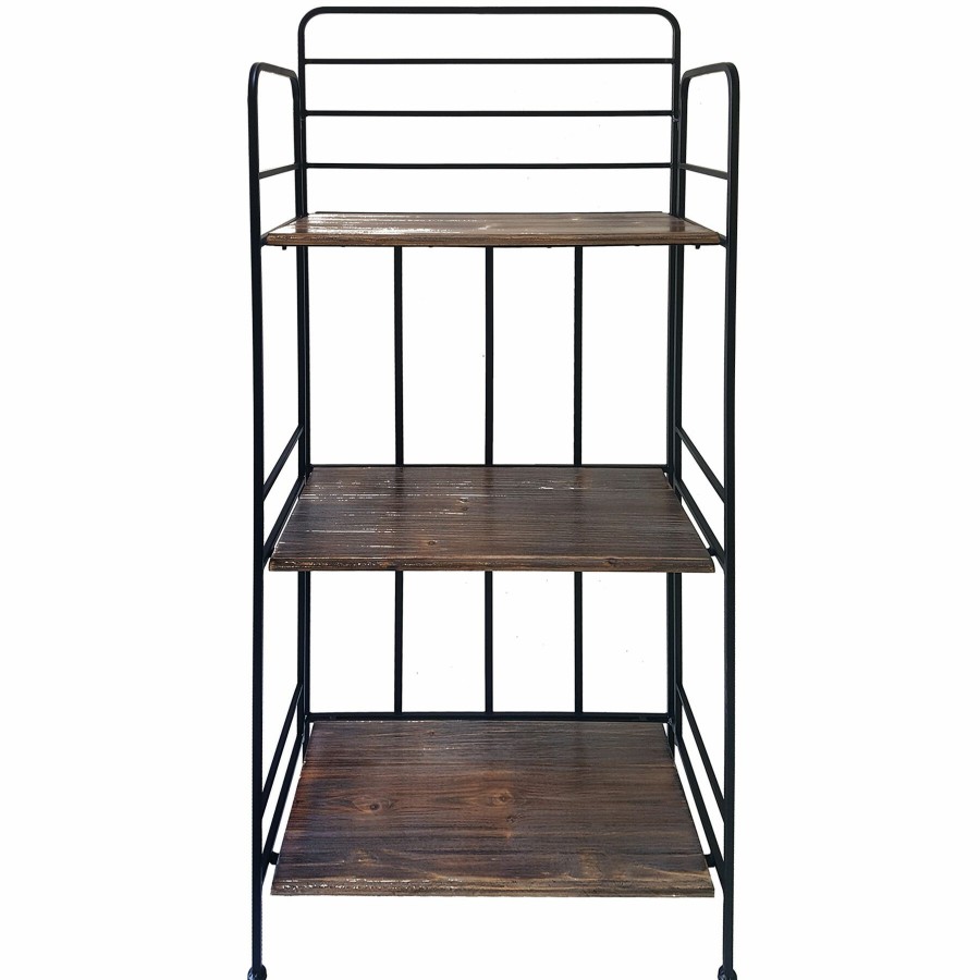 Furniture *  | Sale Black 3 Tier Metal Baker Rack With Folding Wood Top Shelves