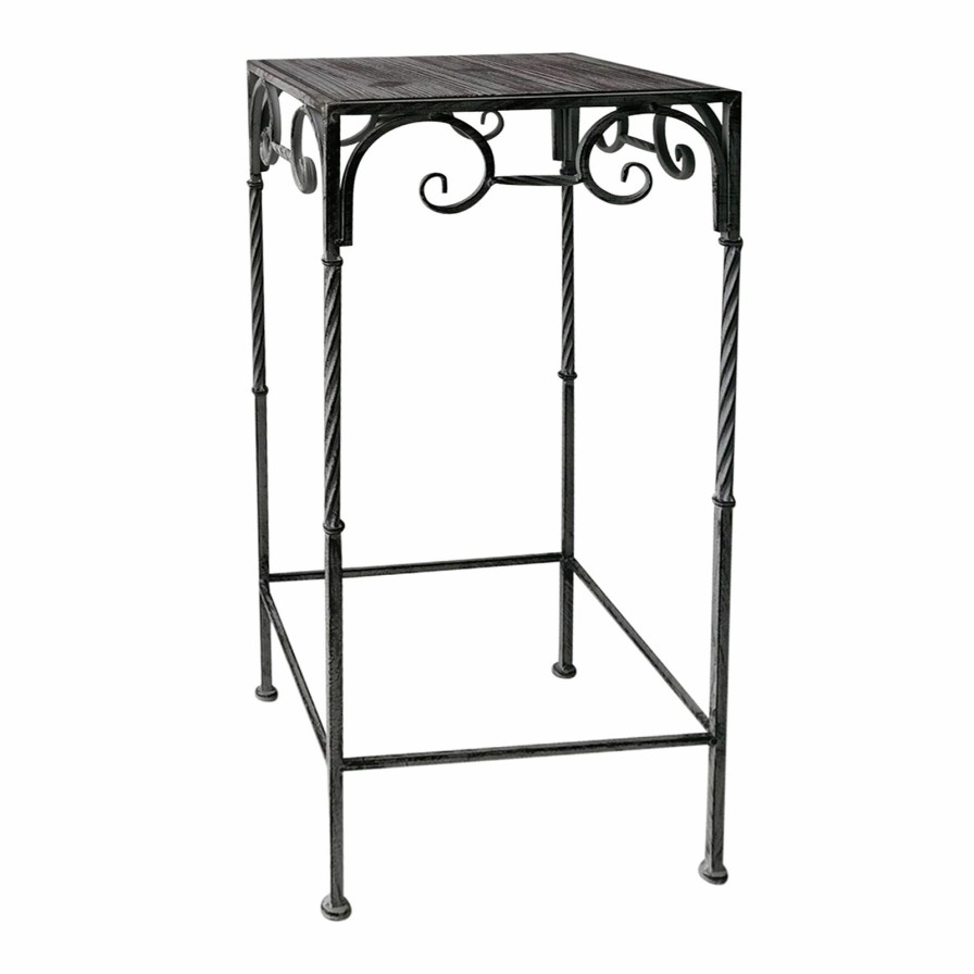 Furniture *  | Sale Square Wood Top Plant Stand With Rustic Twist Metal Leg, Small