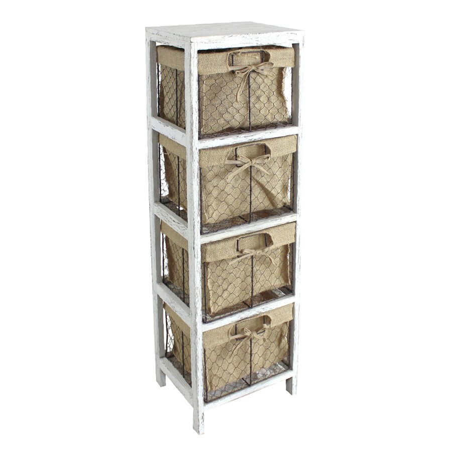 Furniture *  | Sale 4-Tier White Wooden Shelf With Wire Baskets